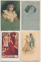 4 db RÉGI motívum képeslap vegyes minőségben: hölgyek (két litho) / 4 pre-1945 motive postcards in mixed quality: ladies (2 litho)