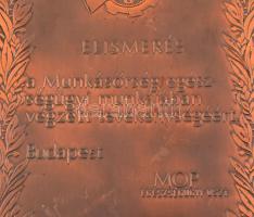 Vörösréz lap, rajta munkásőrségi elismerés, falra akaszthatós, 24x18 cm