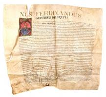 1886 II. Ferdinánd Szalay András részére szóló 1629-es adománylevelének hitelesített másolata a királyi címer rajzával. Pergamen, gyűrődésekkel, leszakadt sarok darabbal. 64x60 cm