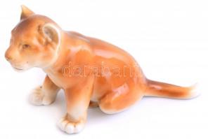 Royal Dux porcelán oroszlánkölyök, kézzel festett, jelzett, kis kopásnyomokkal, 14×7,5 cm