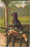 Hunter art postcard, Dachshund dog with rifle and fox. Nr. 487. (6 Dess.) (EK)