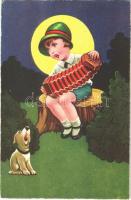 1928 Girl with accordion and dog. Children art postcard. Amag 0268.