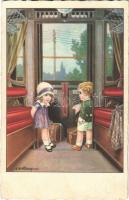 1930 Children on a train, romantic couple. Italian art postcard. 2614. s: A. Bertiglia (EK)