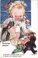 Karácsonyi üdvözlet! / Christmas greeting Children art postcard, girl with toys s: L. Martini (EB)