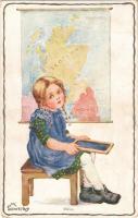 1918 Dull Children art postcard, girl with map. Reinthal & Newman Pubs. s: M. Sowerby (EK)