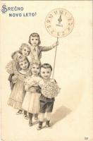 Srecno Novo Leto! / New Year greeting art postcard, children with flowers, pig, horseshoe and clock. litho (fl)