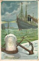 Boldog Újévet! / New Year greeting art postcard, steamship with clover and anchor. litho (b)
