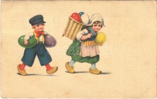 1925 Easter greeting art postcard, children with eggs. Amag 0144. (fa)