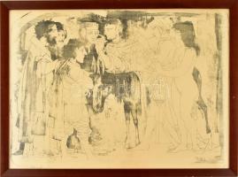 Pető János (1940-2009): Toborzás. Litográfia, papír, jelzett. Üvegezett fa keretben. 47x64 cm