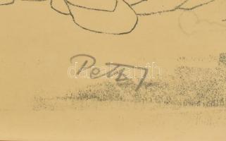 Pető János (1940-2009): Toborzás. Litográfia, papír, jelzett. Üvegezett fa keretben. 47x64 cm