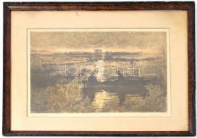 Csergezán Pál (1924-1996): Esti csendben. Rézkarc, papír, jelzett, üvegezett keretben, 22,5x35 cm