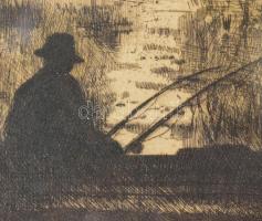 Csergezán Pál (1924-1996): Esti csendben. Rézkarc, papír, jelzett, üvegezett keretben, 22,5x35 cm