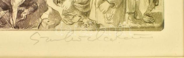 Szabó Vladimír (1905-1991): Hommage a Dürer. Színes rézkarc, papír, jelzett. Számozott: 128/150. Üve...