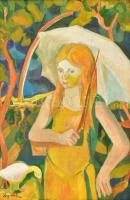 Hegedűs L jelzéssel: Lány napernyővel. Olaj, papír. Dekoratív fa keretben. 82x55 cm
