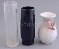 2 db kerámia váza. 12, 15 cm + 1 db kraklé üveg váza. 18 cm