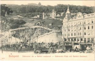 Budapest I. Tabán, Döbrentei tér, Gellért szobor, Czigler-féle sarok palota, Erzsébethíd kávéház, Steinfeldi sörház, piac árusokkal. Taussig Arthur 3402.