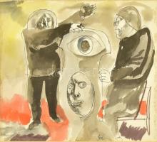 Szász Endre (1926-2003), kétoldalas mű: Szürreális jelenet (hátoldalán tanulmányok). Tus, akvarell, papír, jelzett. Üvegezett fa keretben. Lap széle kissé foltos. 20x25,5 cm