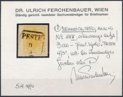 1kr HP III. ocher, on cutting "PESTH" Signed and Certificate: Ferchenbauer 1kr HP III. okk...