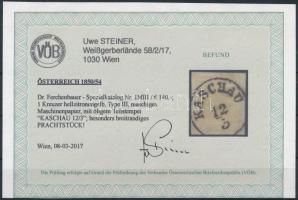 1kr MP III light yellow "KASCHAU" Certificate: Steiner 1kr MP III világos citromsárga &quo...