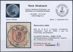 3kr HP Ia1 bright red, on cutting "ALBA" Certificate: Strakosch 3kr HP Ia1 élénkpiros, kiv...