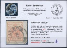 3kr MP Ib tomato red, on cutting, Gravurtype 2-1 "LUGOS" Certificate: Strakosch 3kr MP Ib ...