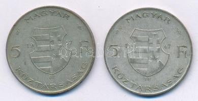 1947. 5Ft Ag "Kossuth" (2x) T:2-,3 patina Adamo F8.1