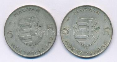 1947. 5Ft Ag "Kossuth" (2x) T:2-,3 patina Adamo F8.1
