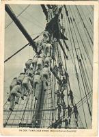 1939 In der Takelage eines Segelschulschiffes / WWII Wehrmacht (armed forces of Nazi Germany), Kriegsmarine (German Navy) mariners on the rigging of a training school ship. Phot. Hanns Hubmann (EB)