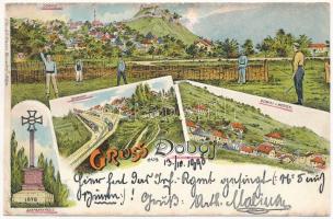 1898 (Vorläufer) Doboj, Bahnhof, Szaparykreuz, vom Westen / railway station, cross, tennis match. Ed. Strache Art Nouveau, litho (EK)
