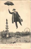 1906 Wien, Vienna, Bécs; Ein Ausflug in den Prater / street view, tram, Tegetthoff monument. Montage with flying gentleman and umbrella (b)