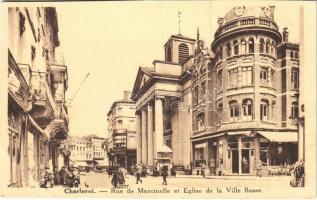 Charleroi, Rue de Marcinelle et Eglise de la Ville Basse / street view, church, café (cut)