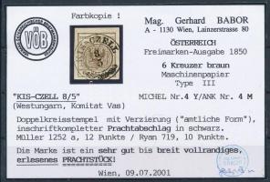 6kr MP III brown. "KIS-CZELL" Certificate: Babor 6kr MP III barna "KIS-CZELL" Ce...