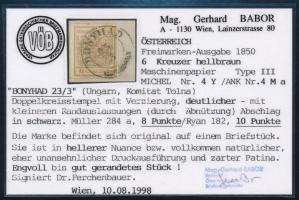 6kr MP III light brown, on cutting "BONYHÁD" Signed: Ferchenbauer. Certificate: Babor 6kr ...