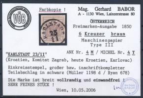 6kr MP III brown "KARLSTADT" Certificate: Babor 6kr MP III barna "KARLSTADT" Cer...