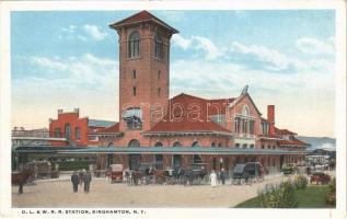 Binghamton, D.L. & W.R.R. Station, railway station, train, automobile