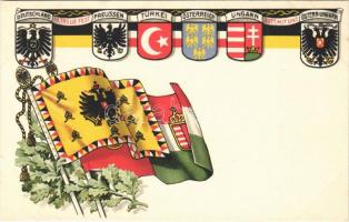 Első világháborús propaganda. Központi hatalmak címerei és Viribus Unitis zászlók / WWI propaganda, Central Powers coats of arms and Viribus Unitis flags. T.S.N. Serie 1500. No. 9. Art Nouveau, litho