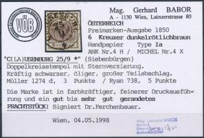 6kr HP Ia dark reddish brown. "C(LA)USENBURG" Signed: Ferchenbauer. Certificate: Babor 6kr...