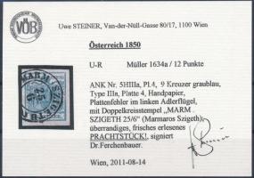 9kr HP IIIa greyish blue, with plate flaw "MARM.SZIGETH" Signed: Ferchenbauer. Certificate...