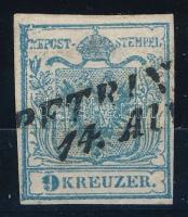 9kr HP I szürkéskék, lemezhibával "PETRIN(IA)" Certificate: Strakosch (Gudlin 400 p), 9kr HP I greyish blue, with plate flaw "PETRIN(IA)" Certificate: Strakosch (Gudlin 400 p)