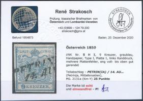 9kr HP I greyish blue, with plate flaw "PETRIN(IA)" Certificate: Strakosch (Gudlin 400 p) ...