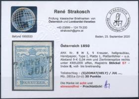 9kr HP I light greyish blue, with plate flaw "(S)ZOMBAT(HELY)" Certificate: Strakosch 9kr ...