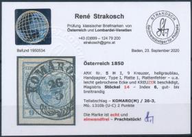 9kr HP I light greyish blue, with plate flaw "KOMÁRO(M)" Certificate: Strakosch 9kr HP I v...