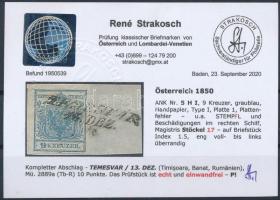 9kr HP I greyish blue, with plate flaw "TEMESVÁR" Certificate: Strakosch (Gudlin 150 p) 9k...