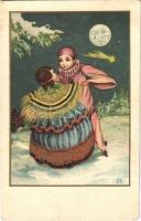 1935 Romantic couple, clown. Italian art postcard. Ed. A. Traldi 203. s: Biri