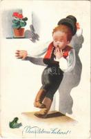 1937 Veszedelmes helyzet! / Children art postcard, boy with frog (EB)