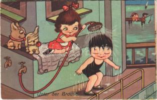 1936 Unter der Brause / Children art postcard. Amag 0302. s: Margret Boriss (EB)