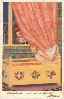 1929 Children art postcard, girl in bed. artist signed (EK)