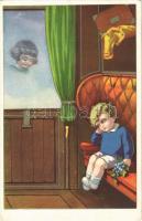 1934 Children art postcard, romantic couple, train. Degami 2210. s: Castelli