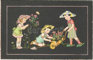 1936 Children art postcard, gardening. Rokat 153.