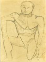 Ferenczy Béni ((1890-1967): Férfi akt. Ceruza, papír, kissé foltos. Jelzett. Üvegezett keretben, 28,5×18 cm